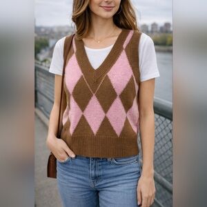 Retro Pink Brown Argyle Sweater Vest Women Size S Preppy V-Neck Knit